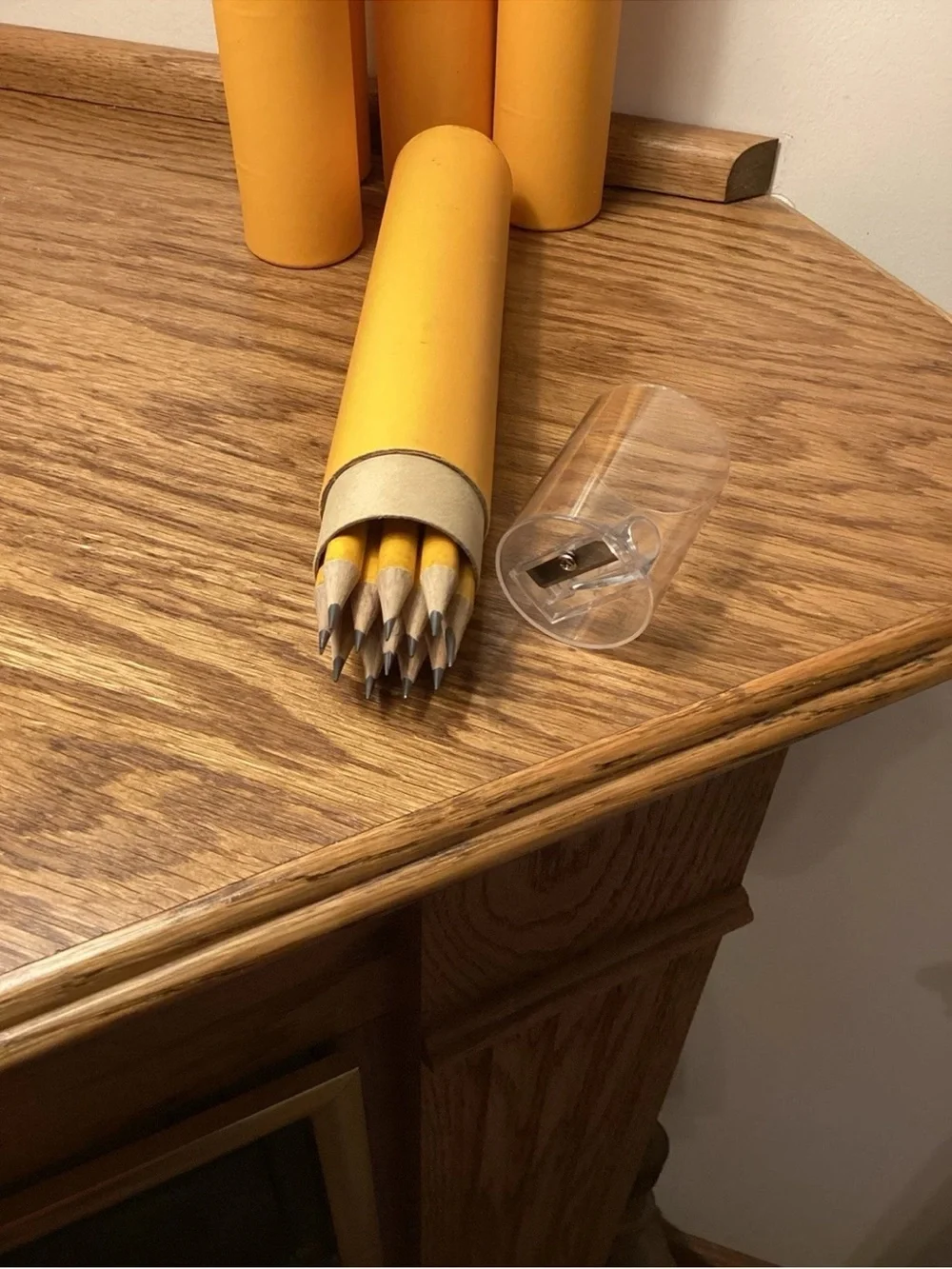 Yellow Wood Pencil Set in Cylindrical Tube with pencil sharpener On Top